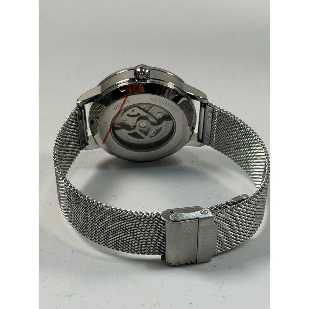40.5mm Automatic Skeleton Mechanical Watch Silver Mesh Band Open Heart New